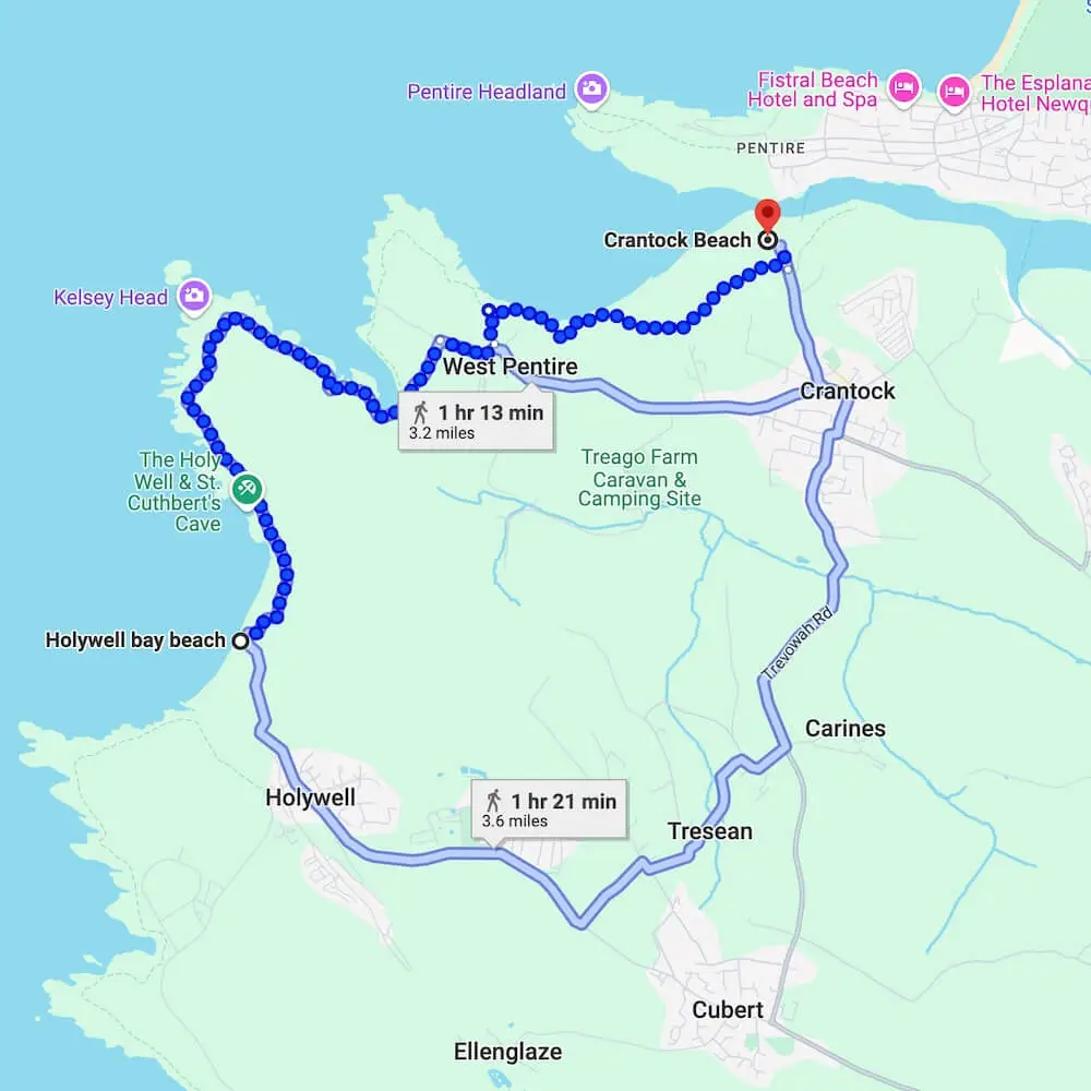 South West Coast Path - Newquay to Holywell Bay Beach Map showing the walking route from Newquay to Holywell Bay Beach
