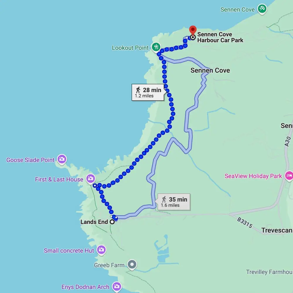 South West Coast Path - Sennen Cove to Land's End Map showing the walking route from Sennen Cove to Land's End