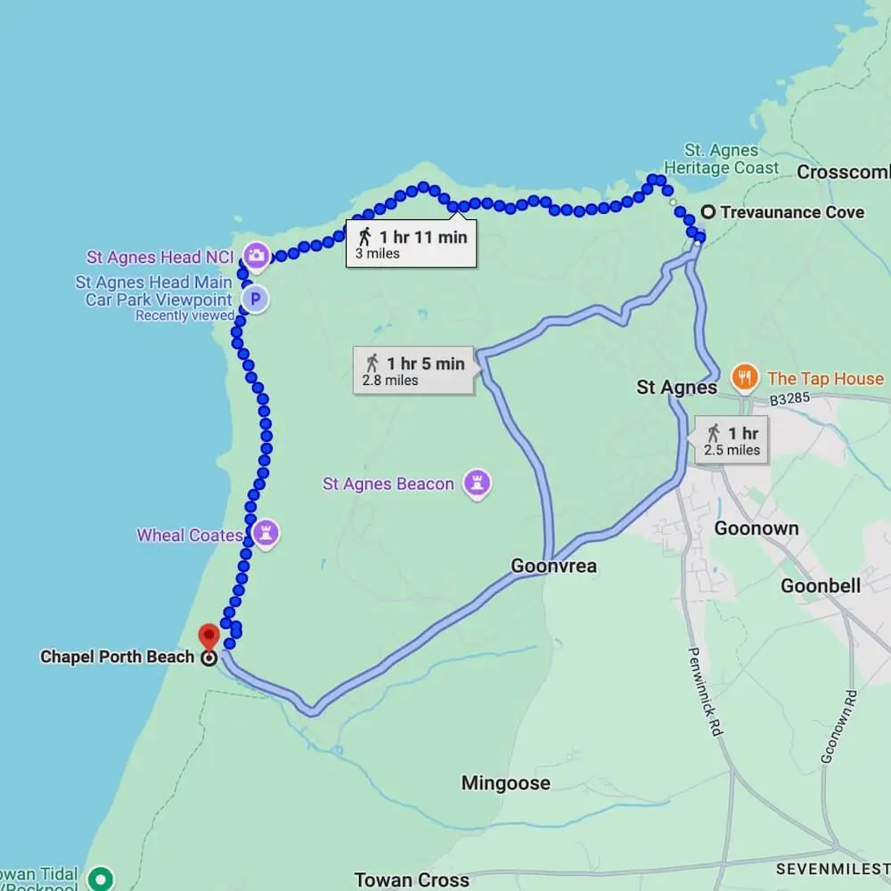 South West Coast Path - St Agnes to Chapel Porth Beach Map showing the walking route from St Agnes to Chapel Porth Beach