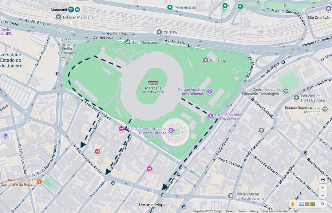Map of the streets around the stadium with walking routes to Uber pickup points